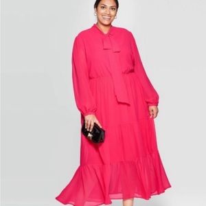 Red Long sleeves, tie neck, tiered maxi dress with ruffle hem